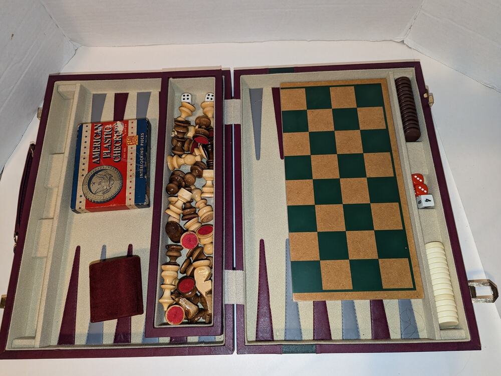 Vintage Multi Game Tournament Backgammon Chess Burgundy Case Wooden Pieces